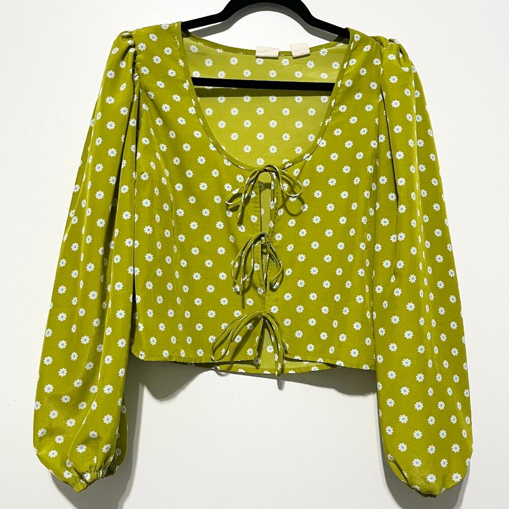 Levis Womens Cottagecore Floral Blouse L Green Balloon Sleeve Milkmaid Tie Front
